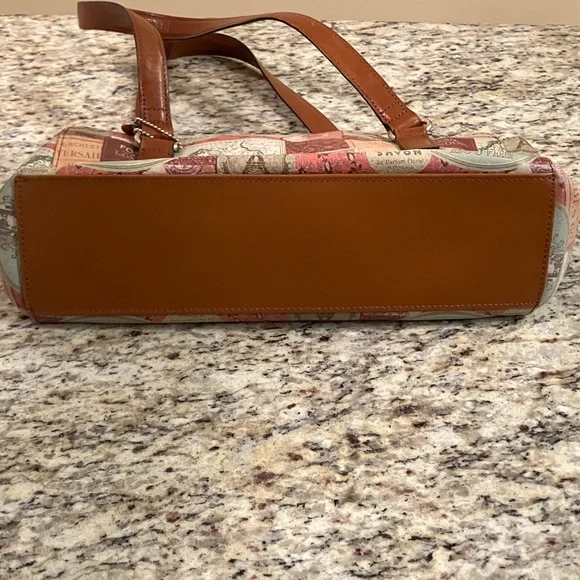 Fossil Vintage Travel Print Satchel Shoulder Bag Brown Leather Handles Cream - Picture 13 of 16